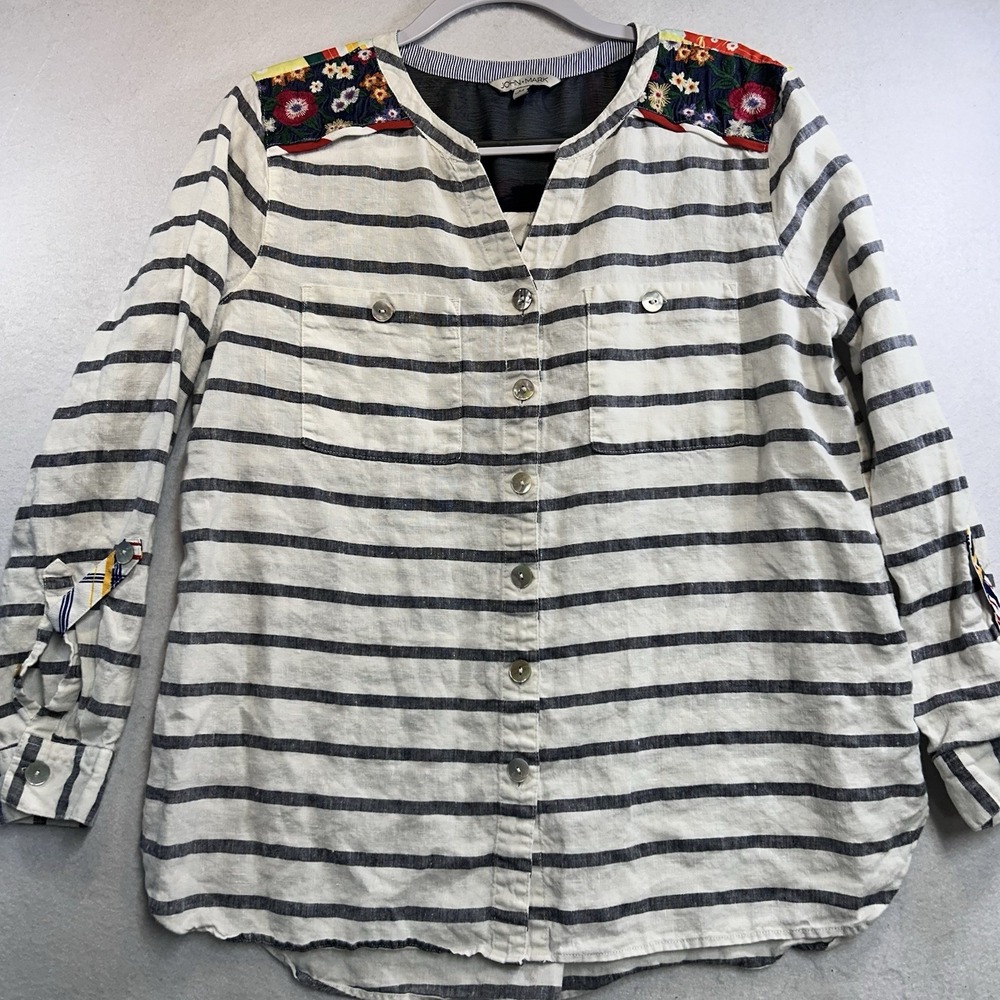 John Mark Linen Floral Embroidered Blouse Size M Blue And White Striped
